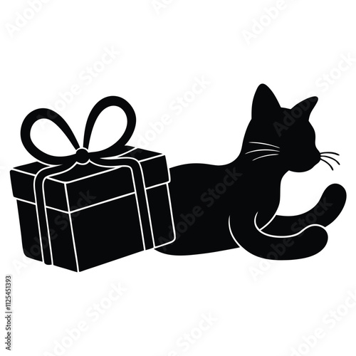 Christmas Parcel and a cute cat on her side, vector silhouette Isolated On White Background