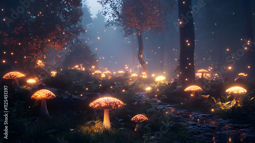 A hyper-detailed AI-generated forest scene at night with glowing fungi and bioluminescent creatures. photo