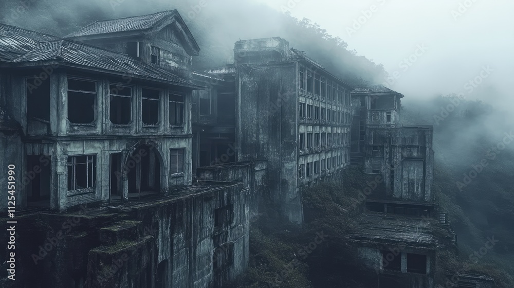 Abandoned Building Surrounded by Fog in Haunting Landscape
