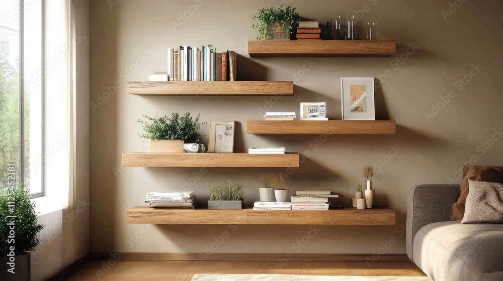 Fototapeta premium Stylish Wooden Shelves with Decor Items in Modern Living Room