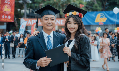 Graduation ceremony with proud father and daughter celebrating achievement. joyful atmosphere is filled with family and friends, capturing memorable moment of success photo