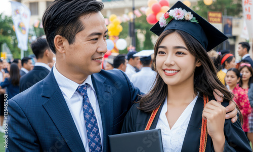 proud graduate smiles with her father at joyful graduation ceremony, surrounded by family and friends celebrating this significant achievement photo