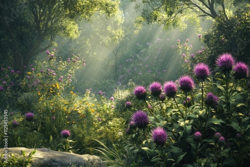 botanical gardens, a group of milk thistle plants blooming vibrant purple in a lush garden, standing out against the green foliage photo