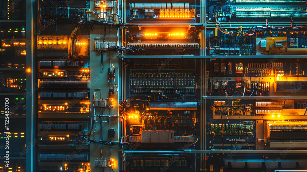 A large industrial electrical room with brightly lit control units and labeled circuits.