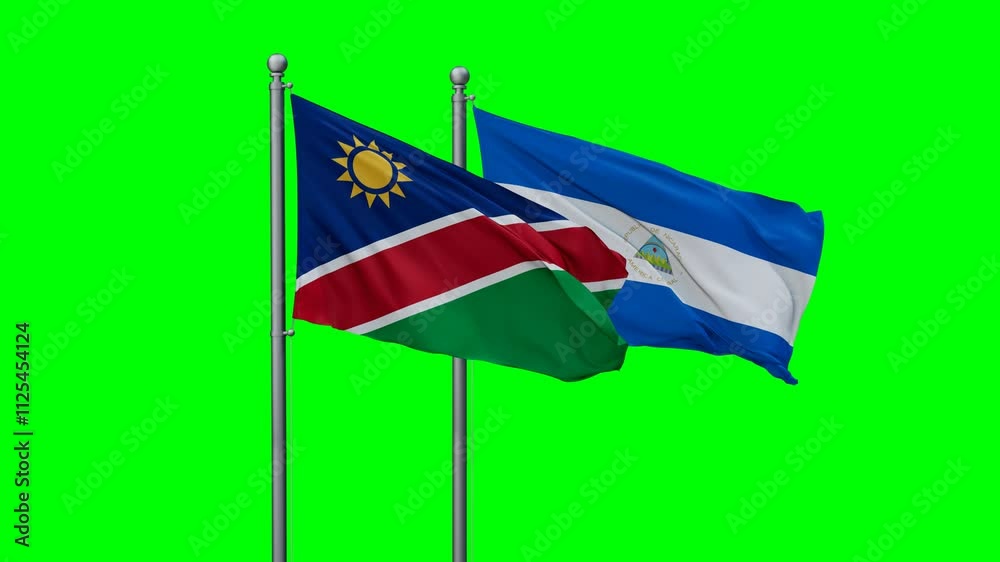 Nicaragua and Namibia flags flying together, video concept of the relationship with colored chroma key for easy background remove