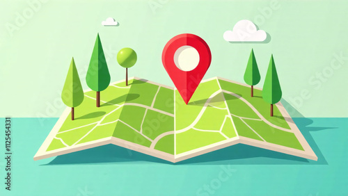 3d map with location pin and abstract landscape. Travel concept, navigation, and outdoor exploration