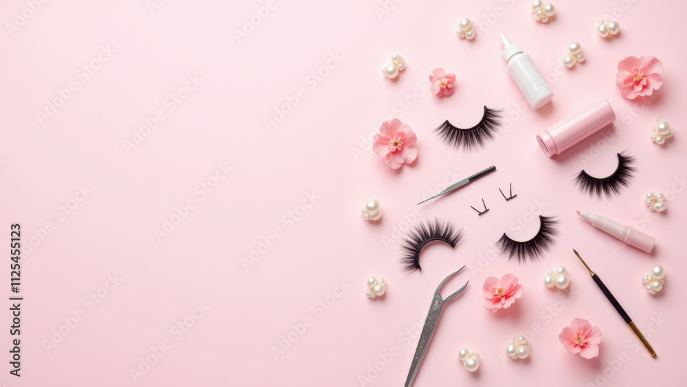 Clusters of eyelashes on a pink background with beauty products and flowers. Clusters of eyelashes on a pink background with beauty products and flowers.
