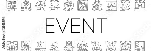 event agency party business icons set vector. birthday wedding organization, corporate conference, presentation management, gala event agency party business black contour illustrations