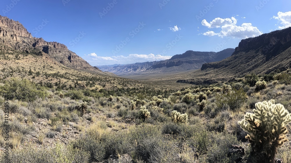 Scenic Desert Landscape Under Clear Blue Sky with Mountain View