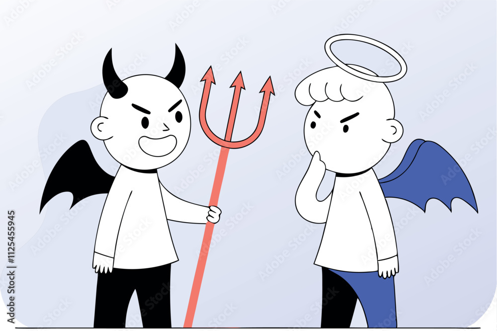 Demon and angles characters. Good and evil concept design. Vector flat illustration