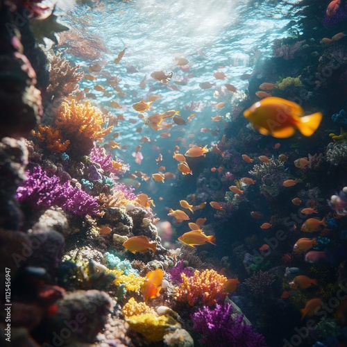 A vivid underwater scene showcasing a colorful coral reef with diverse tropical fish swimming gracefully through sunlit waters. AI generated.