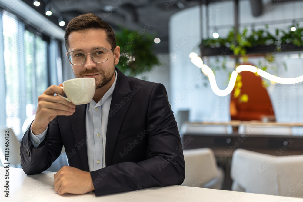 Smiling businessman drinking coffee in cafe and looking looking at camera Smiling businessman drinking coffee in cafe and looking looking at camera