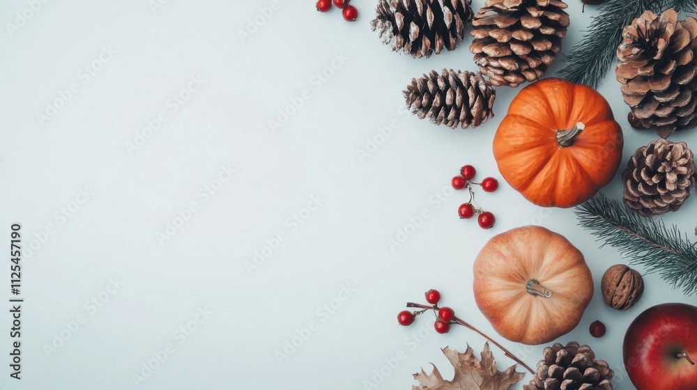 Thanksgiving flat lay featuring pumpkins, apples, walnuts, pine cones, and rowan berries on a white background with blank space Thanksgiving flat lay featuring pumpkins, apples, walnuts, pine cones, and rowan berries on a white background with blank space
