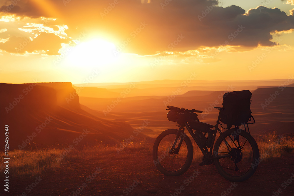 Obraz premium Majestic trekking bike silhouetted in the backlight of a glowing sunset