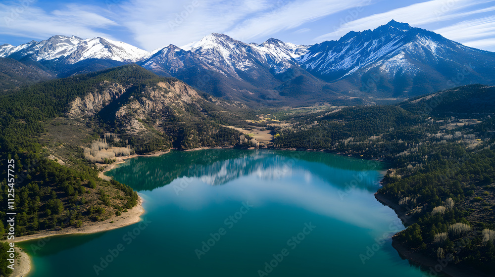 Obraz premium A majestic aerial shot of a mountain lake with emerald waters reflecting towering snow-capped peaks.