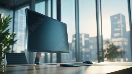 Modern desktop computer sits by office window overlooking city