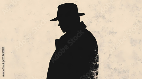 Mysterious silhouette of a man in coat and hat, reminiscent of detective films and spy novels of the midth century. Enigma. Illustration photo