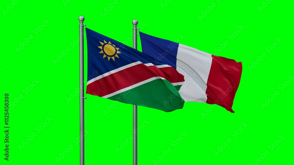 France and Namibia flags waving together, video concept of the relationship with colored chroma key for easy background remove
