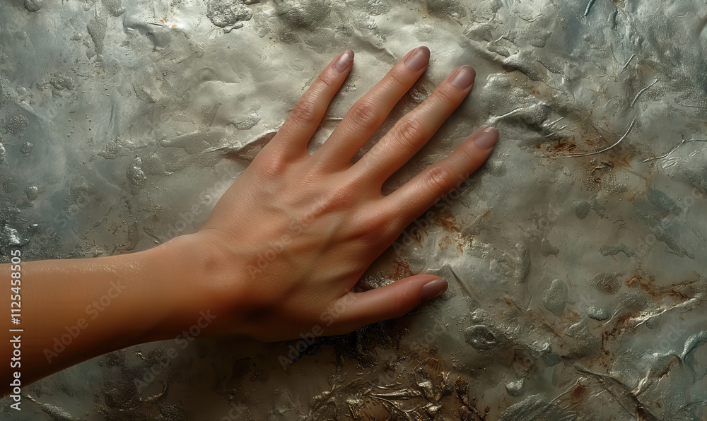 Fototapeta premium A hand gently presses on a textured surface, highlighting the intricate details and shiny finish of the material.