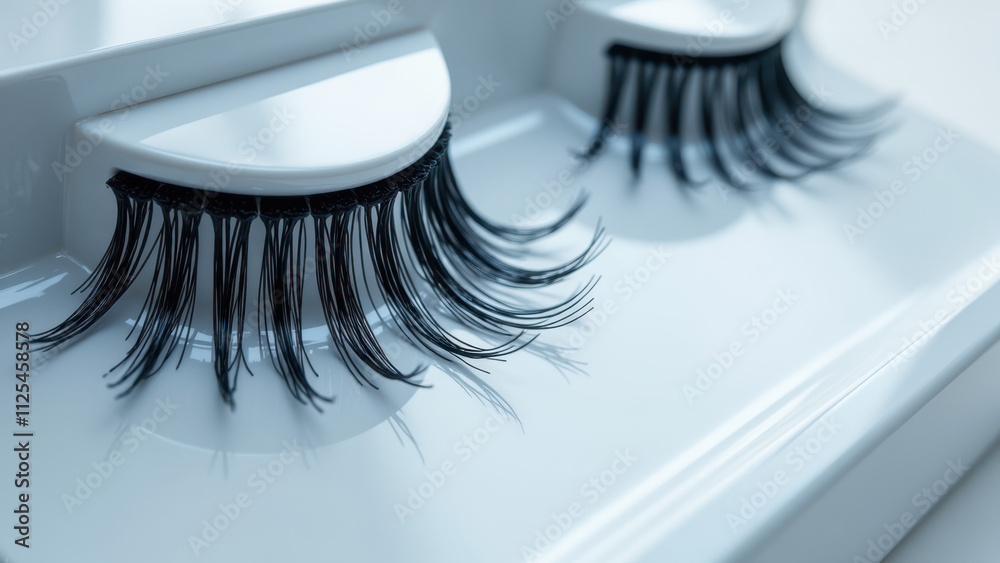 Clusters of black false eyelashes on a tray. Clusters of black false eyelashes on a tray.
