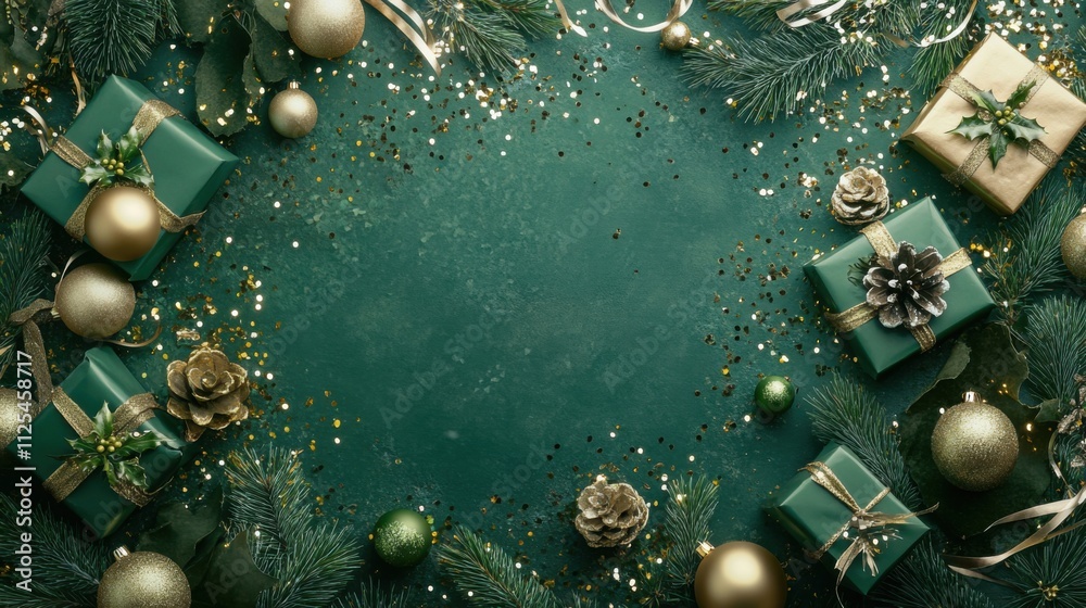 Fototapeta premium Christmas Eve concept with a vertical top-down shot of gift boxes, ribbons, gold and green baubles, confetti, and pine branches on a green backdrop