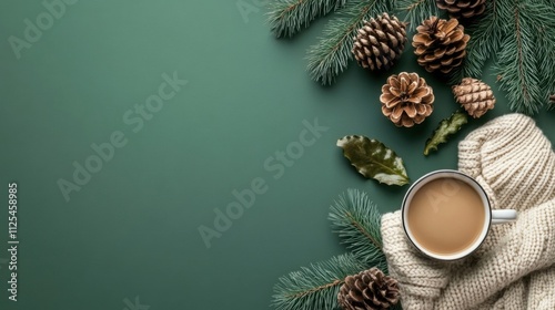 Flat lay of a sweater, coffee, pattypans, and pine cones on a green background with space for text photo