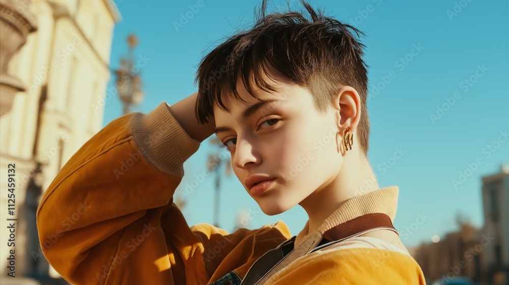 Woman with short hair and gold earrings Woman with short hair and gold earrings