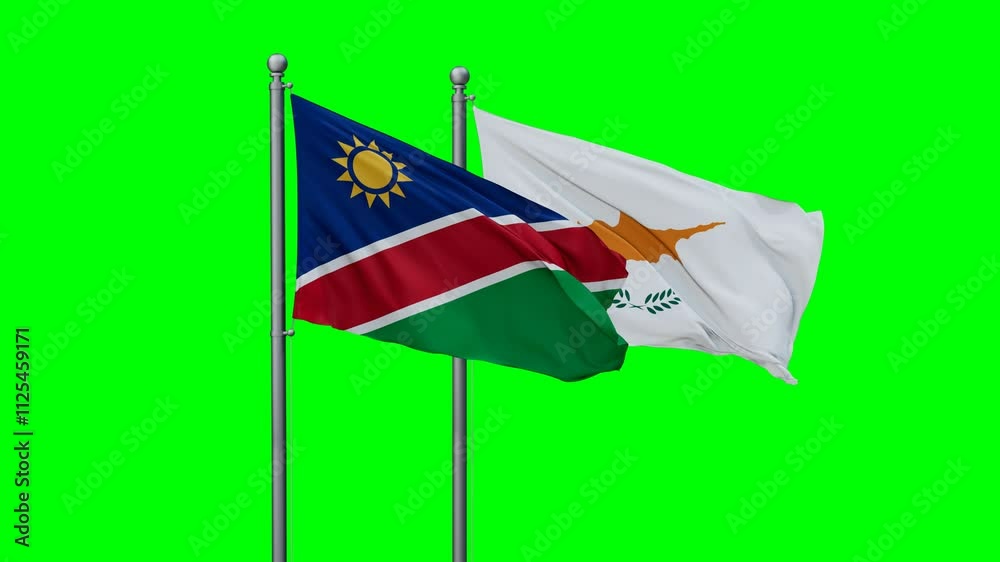 Cyprus and Namibia flags flying together, video concept of the relationship with colored chroma key for easy background remove Cyprus and Namibia flags flying together, video concept of the relationship with colored chroma key for easy background remove