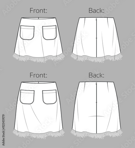 Vector woman skirt with fringe trim technical drawing, skirt fashion CAD  with front pockets, mini skirt sketch, template, flat. Jersey or woven fabric short skirt with front, back view, white color