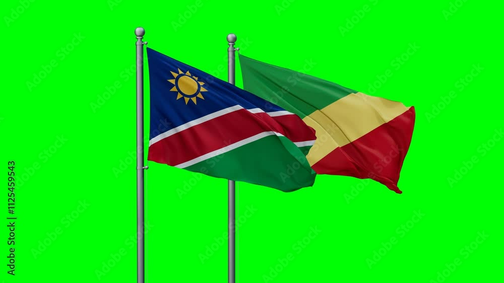 Republic of the Congo and Namibia flags flying together, video concept of the relationship with colored chroma key for easy background remove Republic of the Congo and Namibia flags flying together, video concept of the relationship with colored chroma key for easy background remove