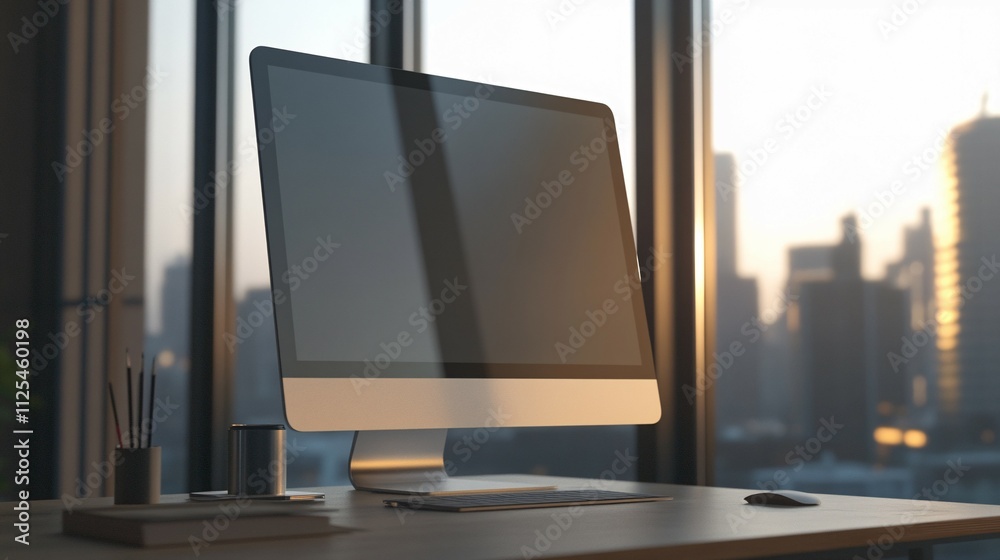Fototapeta premium Modern Desktop Computer in City Office Setting at Sunset