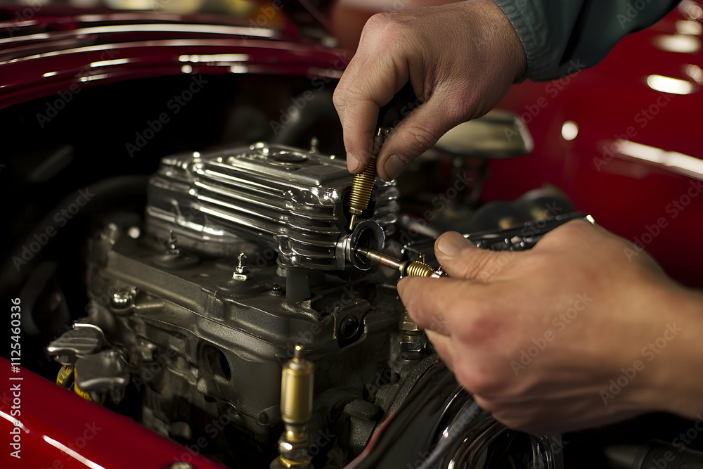 Mechanic removing spark plugs from an engine, emphasizing hands-on repair work Mechanic removing spark plugs from an engine, emphasizing hands-on repair work