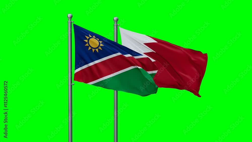Bahrain and Namibia flags flying together, video concept of the relationship with colored chroma key for easy background remove Bahrain and Namibia flags flying together, video concept of the relationship with colored chroma key for easy background remove