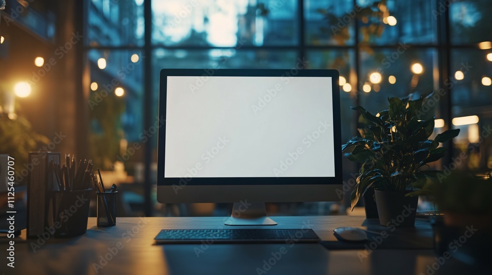 Modern Desktop Computer Setup In Evening Office Space Modern Desktop Computer Setup In Evening Office Space