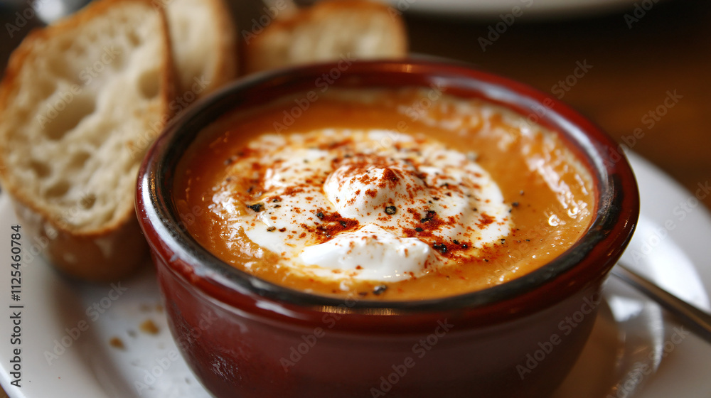 Pumpkin soup topped with a swirl of yogurt and a dash of smoked paprika, served with a side of freshly baked bread. Pumpkin soup topped with a swirl of yogurt and a dash of smoked paprika, served with a side of freshly baked bread.