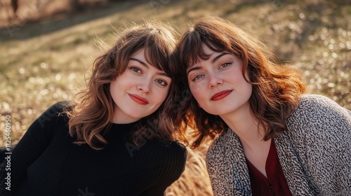 Two women enjoying a quiet Valentine’s Day picnic in a serene park, sitting close together with heartfelt expressions. The peaceful natural backdrop, highlighting love and connection