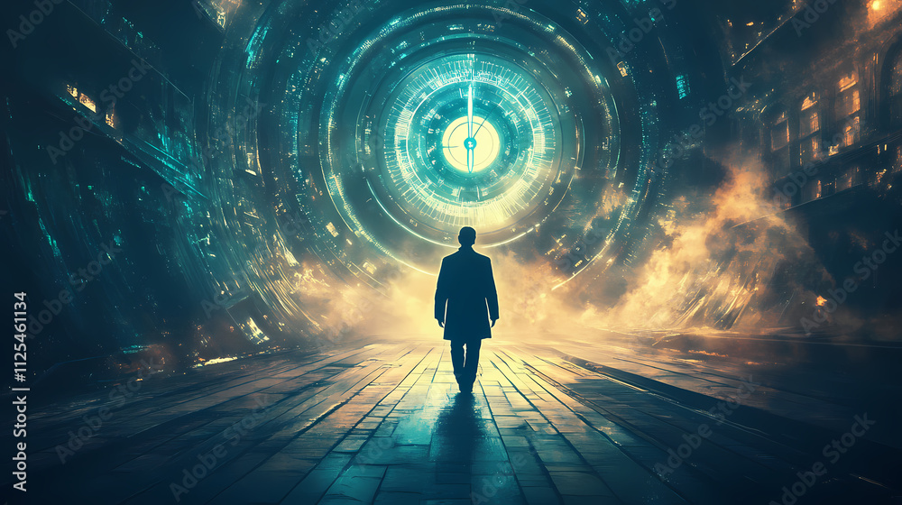 Fototapeta premium Time traveler's dilemma, evoke contemplation with an image showing a time traveler facing moral or existential dilemmas, ai. Enigma. Illustration