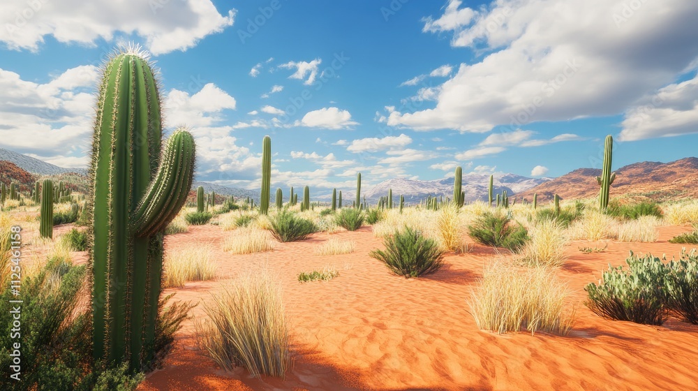 Vibrant Desert Landscape with Cacti and Blue Sky in Daylight Vibrant Desert Landscape with Cacti and Blue Sky in Daylight