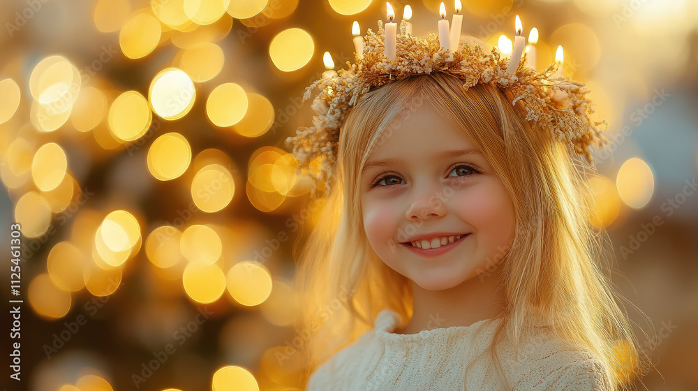 little blonde girl with wreath of candles on head, saint lucia day, golden beige soft blurry background, sweden, catholic tradition, protestant church, religious holiday, christmas angel little blonde girl with wreath of candles on head, saint lucia day, golden beige soft blurry background, sweden, catholic tradition, protestant church, religious holiday, christmas angel