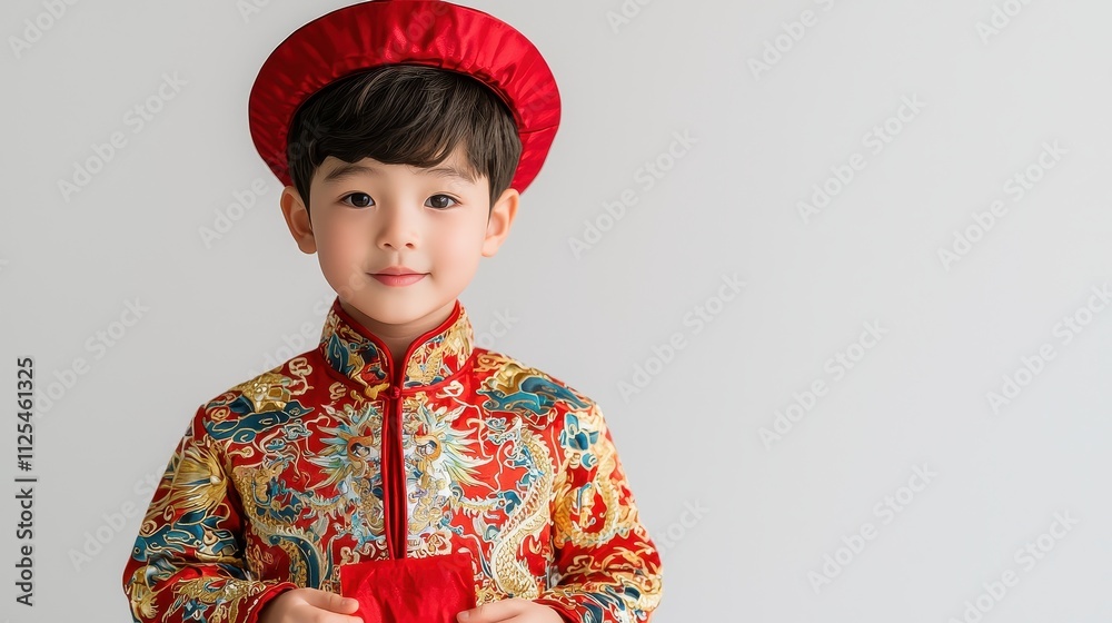A cute boy wearing a colorful traditional outfit stands confidently in bright lighting. His glasses and charming expression add innocence and style to the portrait. A cute boy wearing a colorful traditional outfit stands confidently in bright lighting. His glasses and charming expression add innocence and style to the portrait.