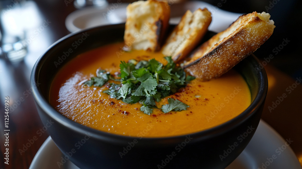 Pumpkin soup topped with roasted garlic and fresh cilantro, with a side of crispy breadsticks. Pumpkin soup topped with roasted garlic and fresh cilantro, with a side of crispy breadsticks.