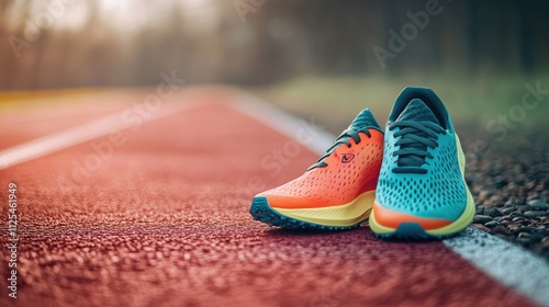 A colorful pair of running shoes sits on a track, illuminated by warm natural light, ready for an invigorating workout session. Generative AI
