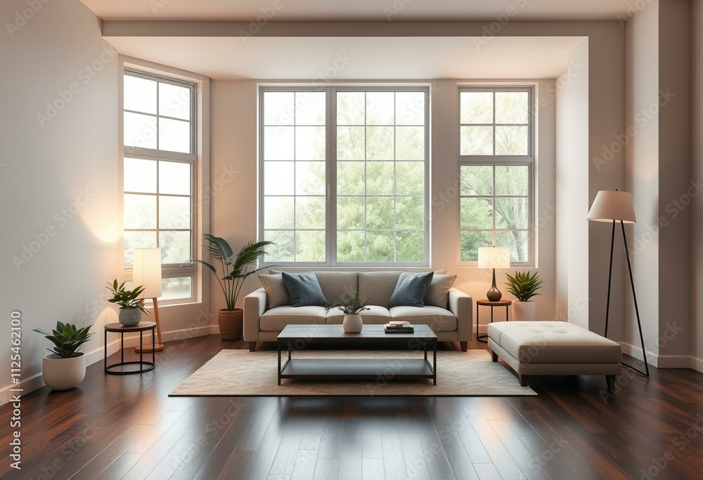 Fototapeta premium Modern living room with minimalist furniture and calming color palette