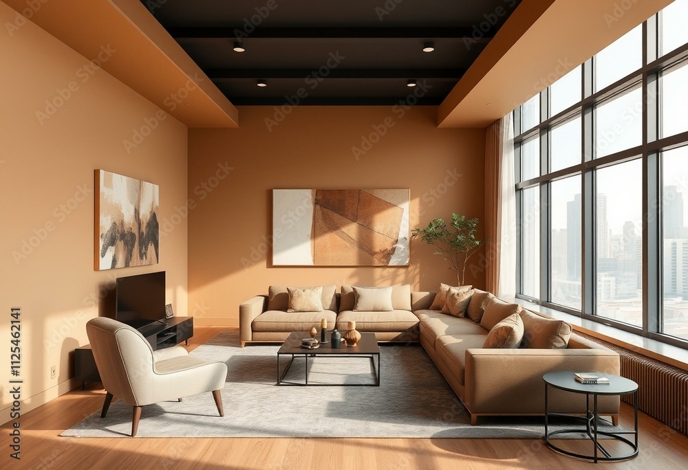 Cozy and modern living room with city view Cozy and modern living room with city view