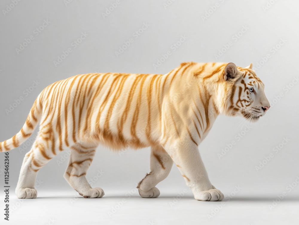 Fototapeta premium An isolated albino tiger presents itself majestically on a white background, its four legs in a perfect stance