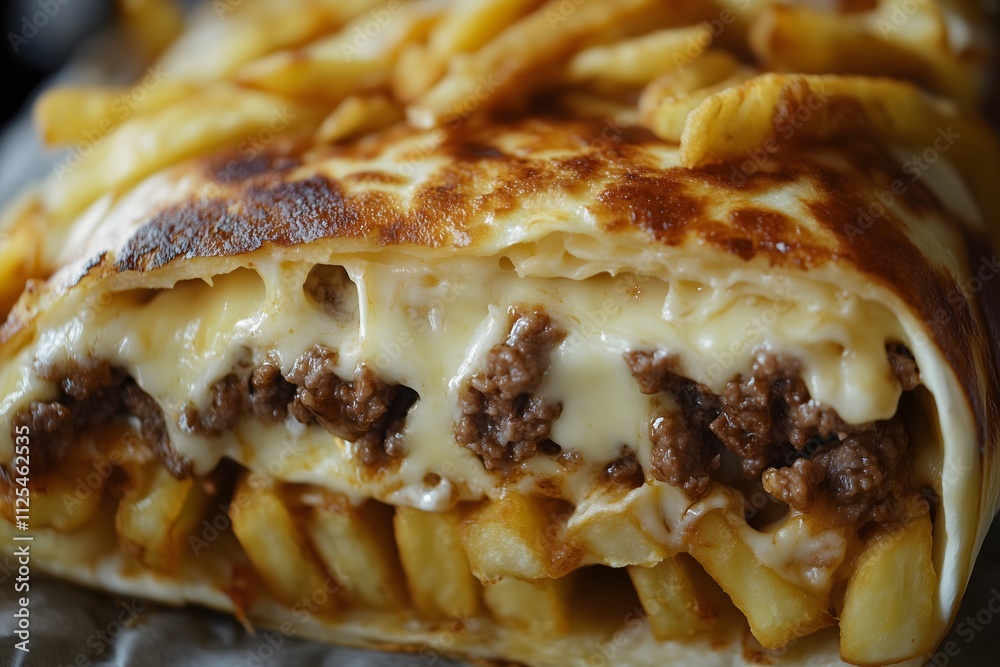 Macro view of a delicious french taco with french fries, minced beef and melted cheese Macro view of a delicious french taco with french fries, minced beef and melted cheese