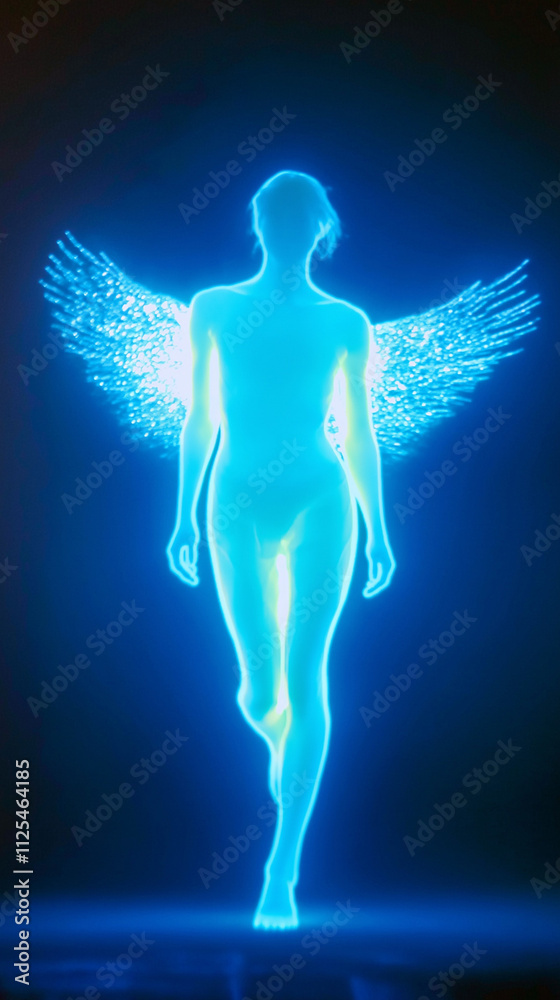 Glowing angelic figure with wings floats above sleeping person. Glowing angelic figure with wings floats above sleeping person.