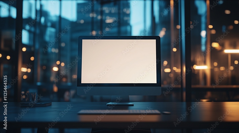 Modern Desktop Computer in Evening Office Setting Modern Desktop Computer in Evening Office Setting