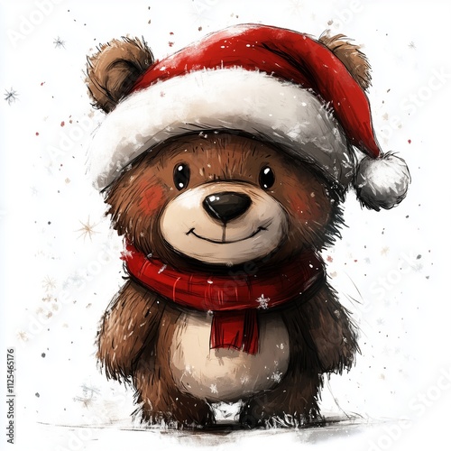 Christmas Teddy bear in Santa hat and red scarf