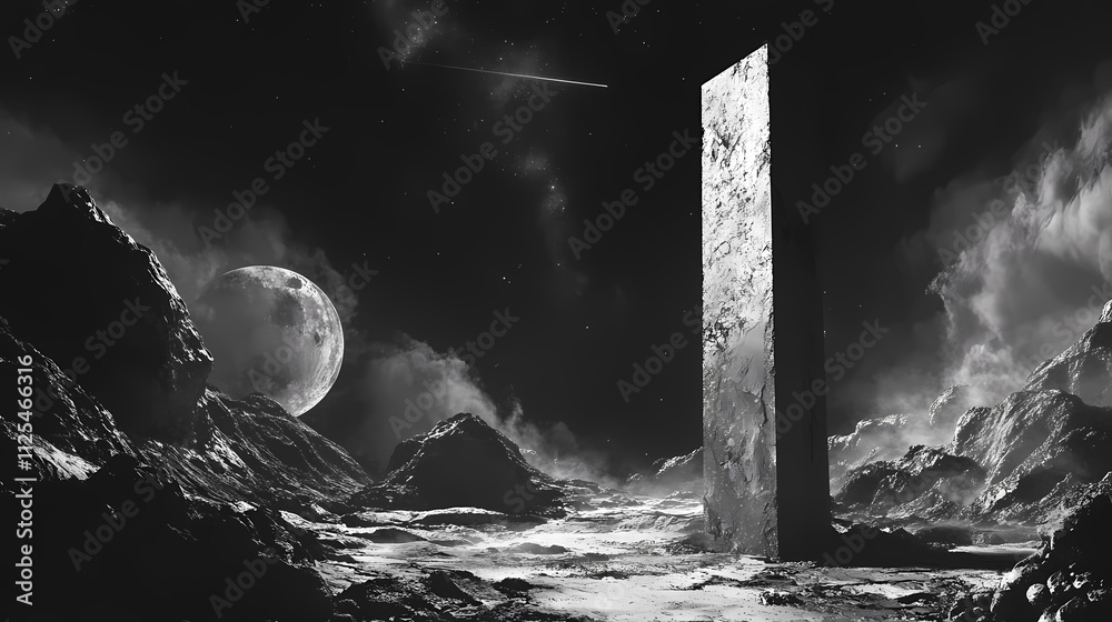 Obraz premium Mysterious lunar monolith emitting signals into the vast cosmic expanse. Enigma. Illustration